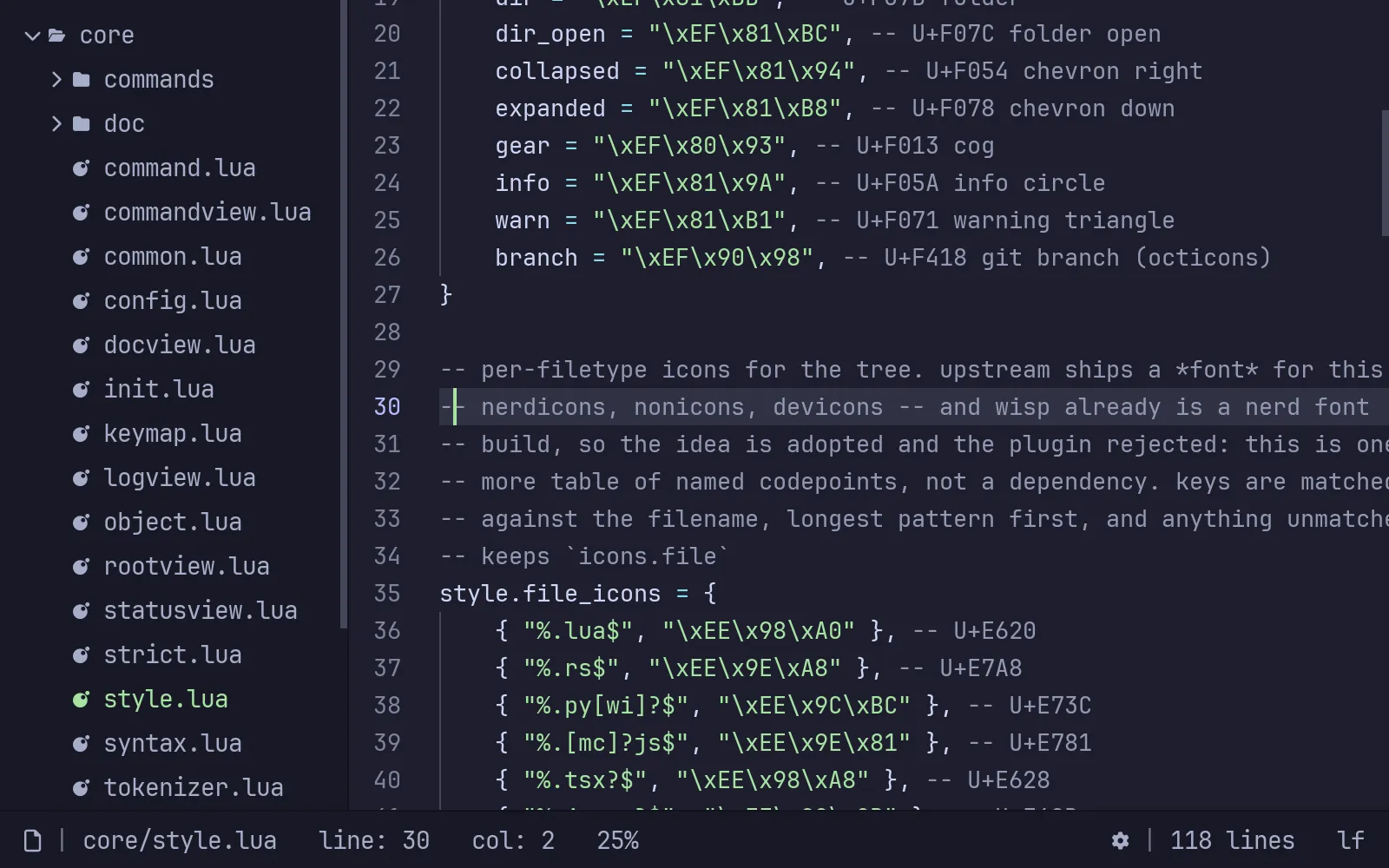 The wisp editor: a file tree on the left, Lua source on the right, dark theme